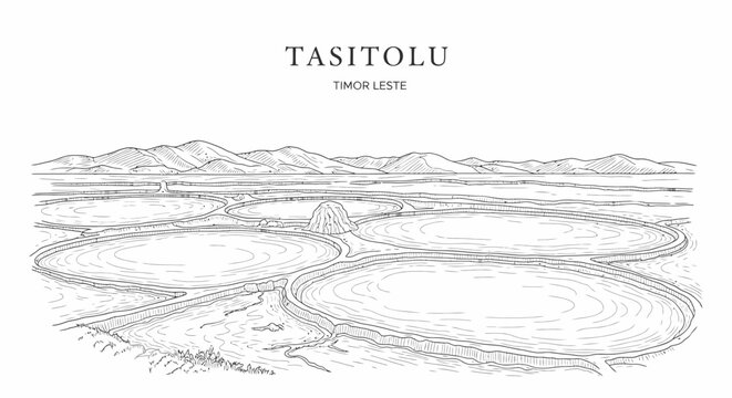 A lineart drawing of the Tasitolu landscape in Timor Leste featuring saline lakes ridges and mountainous terrain