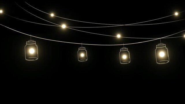 A string of glowing mason jars hanging from a curved line on a black background with warm lighting and a festive atmosphere