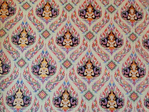 A seamless background pattern of traditional Thai wall art, featuring repeating motifs of celestial figures (Devas) with hands pressed together in a respectful prayer or greeting gesture (Wai).