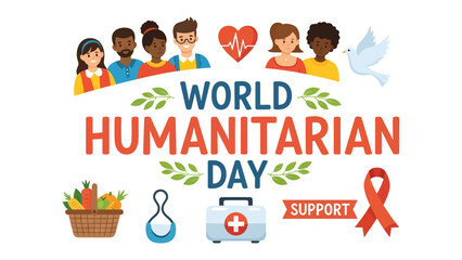 Fototapeta premium World Humanitarian Day: A vibrant illustration celebrating World Humanitarian Day, featuring diverse people, a medical kit, a dove of peace, a red ribbon.