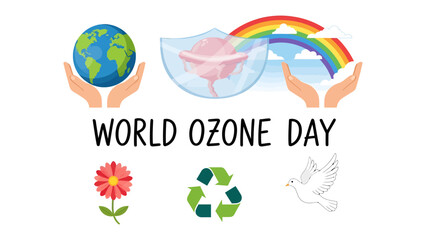 Fototapeta premium World Ozone Day Illustration: A vibrant graphic celebrating World Ozone Day, featuring hands cradling the Earth, a rainbow under protective hands, a blossoming flower, recycling symbol.