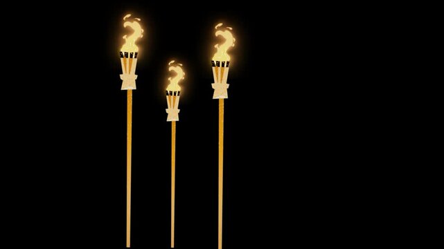 Three torches with bright yellow flames on long poles against a dark background