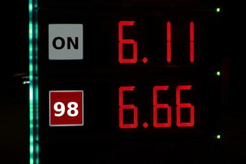 Fototapeta premium Gasoline, price 6.66 on petrol station.
