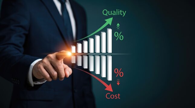 Businessman analyzing quality versus cost graph, optimization concept, efficiency metrics, financial growth