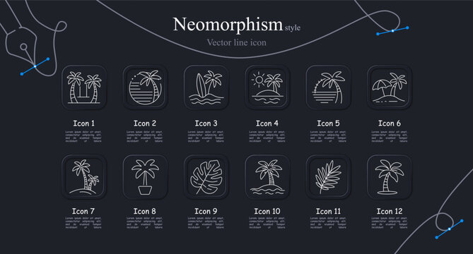 Tropical island set icon. Neomorphism collection with coastal palms, ocean waves, hammock relaxation, surfing boards, paradise scenery, botanical vacation landscapes.