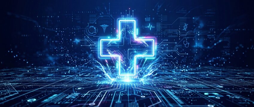Futuristic digital medical cross icon on complex electronic circuit board background symbolizing advanced health data technology