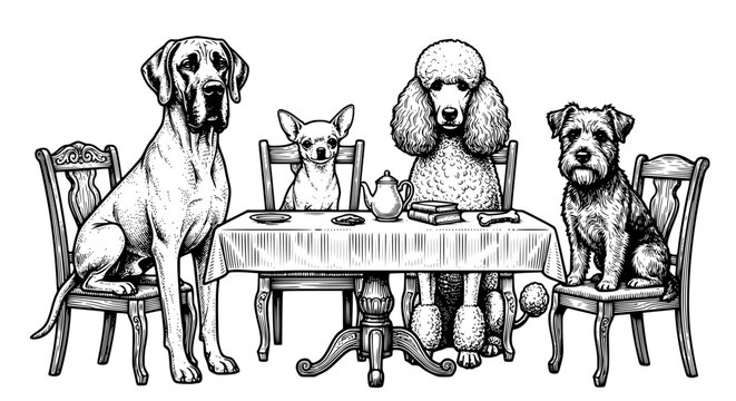 dogs at table, dog family, great dane, chihuahua, poodle, terrier dog, anthropomorphic dogs, funny dog scene, black and white animal art, dining dogs, hand drawn outline engraving vector illustration 