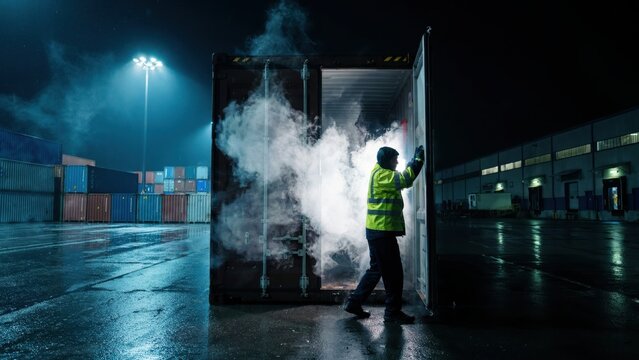 Worker opening a shipping container with smoke billowing out in a wet terminal at night