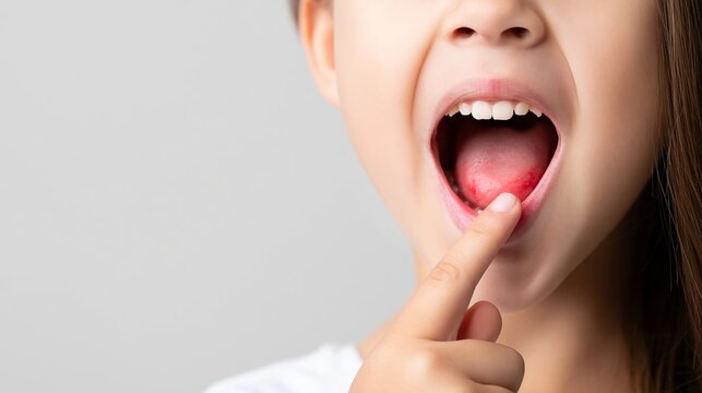 Child pointing to a raw, red spot inside mouth, indicating oral discomfort, inflammation, or infection requiring medical attention
