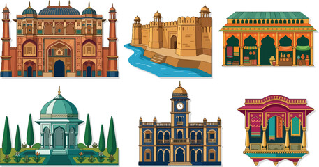 Fototapeta premium Collection of diverse Indian architectural landmarks and traditional buildings in a flat design