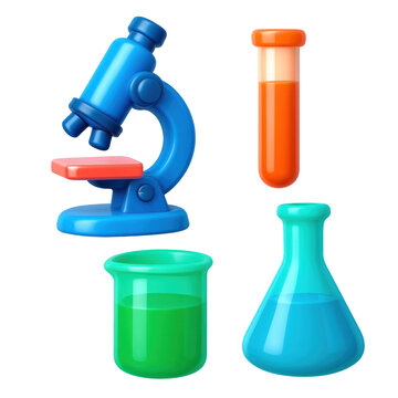 3D Plastic Icon Style Science Laboratory Tools Isolated on Transparent Background Blue Microscope Orange Test Tube Green Beaker and Blue Flask Illustration