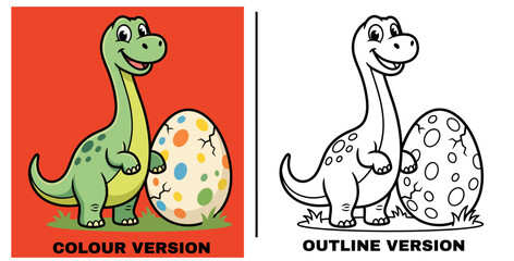 Kids dinosaur egg coloring page, cute cartoon long neck sauropod reptile kindergarten vector illustration set © Seriously