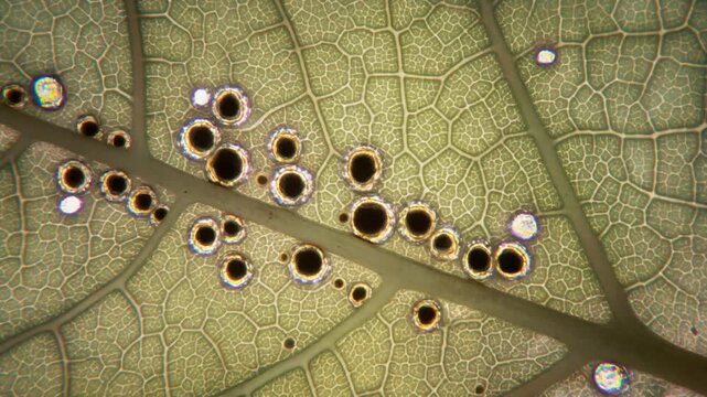 Detailed View of Stomata on Leaf Surface Showing Plant Anatomy. A close-up view of a leaf surface showing numerous stomata, small pores for gas exchange, on a green leaf with visible veins.