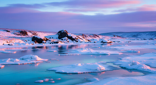 Glacial ice floes drifting on calm arctic waters surrounded by snow-dusted rocky shores under a twilight sky