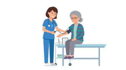 Obraz premium Nurse measures blood pressure of elderly woman in clinic examination room with medical equipment