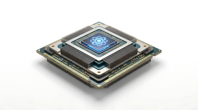 Close-up of a futuristic quantum computer chip with a glowing atom symbol on a white background, representing advanced technology and scientific innovation.