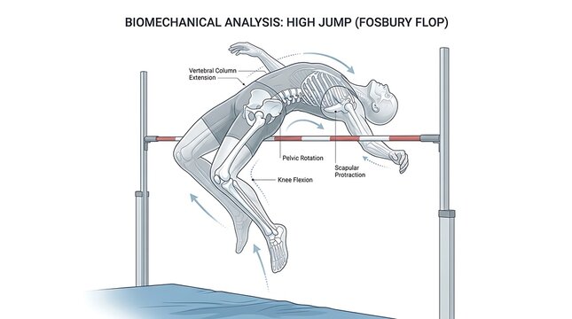 Scientific biomechanical analysis of a high jump technique showing human