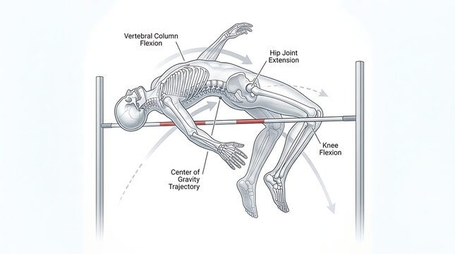 Biomechanical analysis diagram of an athlete performing a fosbury flop high jump