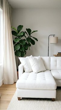 Modern living room interior with a white tufted sectional sofa, a large fiddle leaf fig plant, and a minimalist floor lamp next to a window with sheer curtains