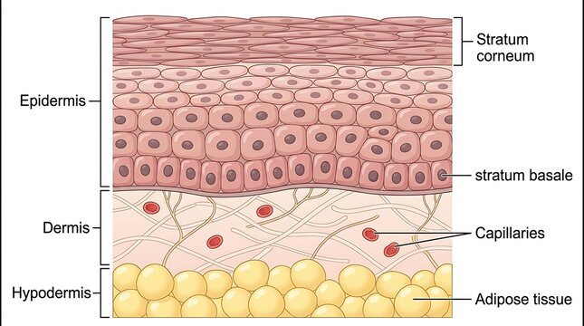 Anatomical cross-section of human skin with adipose tissue epidermis structure