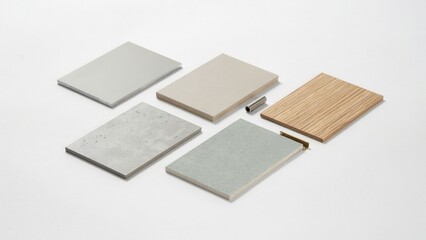 Fototapeta premium Sample boards in various textures and materials are laid out on a clean white surface for interior design projects.