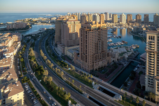 Beautiful Aerial View of Pearl Qatar. Roundabout Pearl Qatar at sunset time.	