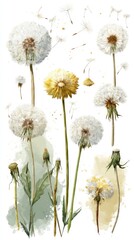 Obraz premium Complete Dandelion Life Cycle Watercolor Illustration from Bud to Flying Seeds