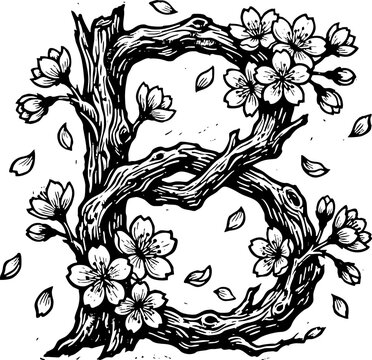 Decorative letter B with cherry blossoms and tree branches