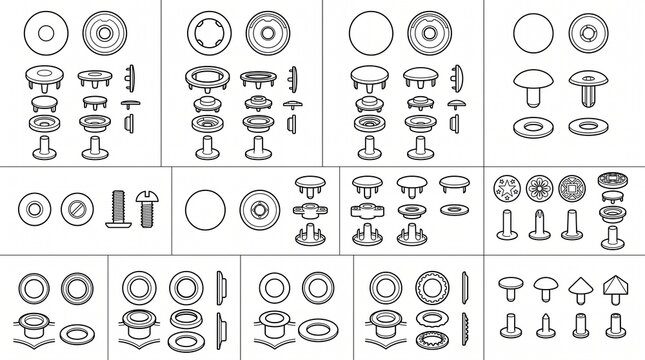 Vector Technical Line Art Illustration of Snap Buttons, Rivets, Eyelets and Hardware Fasteners for Sewing and Crafting