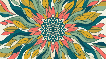 Fototapeta premium Złożona i kolorowa abstrakcyjna ilustracja przedstawiająca symetryczny kwiatowy wzór mandali z płynnymi organicznymi kształtami w retro palecie turkusu, różu i żółci.