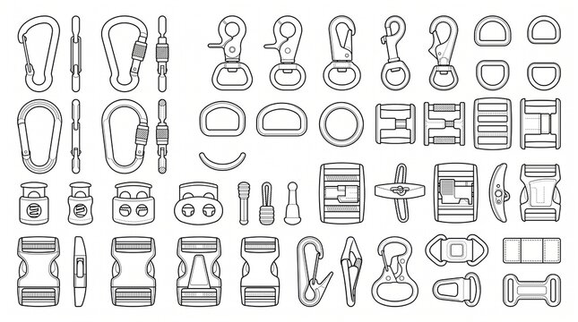 Vector Set of Carabiners, Buckles, and Tactical Bag Hardware Line Art Illustrations