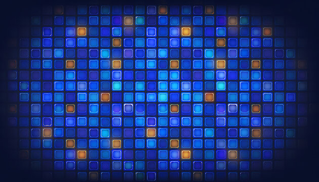 Abstract digital grid pattern with glowing orange squares on dark blue background