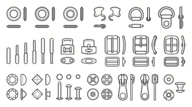 Collection of Metal Hardware for Clothing and Bags Technical Drawing Icons