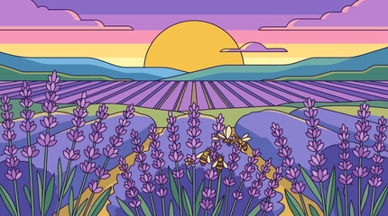 Ilustracja wektorowa przedstawiająca malownicze pole lawendy w pełnym rozkwicie podczas zachodu słońca z latającymi pszczołami w tle górskiego krajobrazu w stylu płaskiego designu.