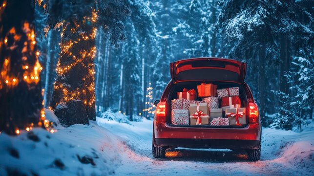 Open car trunk filled with wrapped Christmas presents, parked in a snowy forest decorated with festive holiday lights.