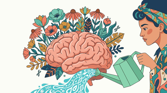 Ilustracja przedstawiająca kobietę podlewającą ludzki m&oacute;zg z kt&oacute;rego wyrastają kolorowe kwiaty i rośliny, symbolizująca dbanie o zdrowie psychiczne, rozw&oacute;j osobisty i wewnętrzną r&oacute;wnowagę.