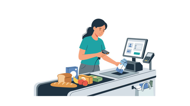 Cashier scanning groceries at checkout counter with barcode scanner and computer screen