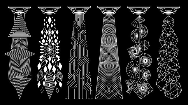 Zestaw sześciu abstrakcyjnych geometrycznych wzor&oacute;w w stylu line art, przedstawiających świetlne snopy z r&oacute;żnorodnymi strukturami, takimi jak obwody drukowane, wielokąty i fraktale na czarnym tle.