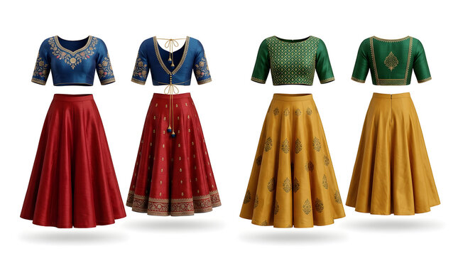 Traditional Indian lehenga choli dress mockup set in vibrant colors, showing front and back views