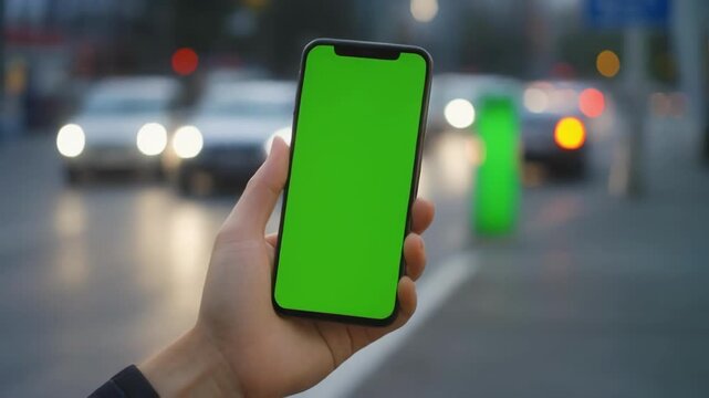 Hand holding smartphone with green screen during urban traffic at dusk with bokeh lights