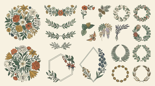 Zestaw ręcznie rysowanych element&oacute;w botanicznych zawierający kwiatowe wieńce, ozdobne ramki, gałązki i bukiety w stylu vintage na jasnym tle do projekt&oacute;w graficznych i dekoracji.