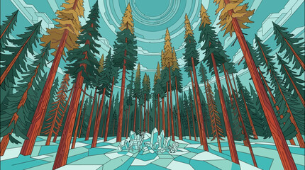Ilustracja przedstawiająca magiczny las iglasty z wysokimi sosnami i błyszczącymi kryształami na ziemi, wykonana w stylu rysunkowym z wyraźnymi konturami i geometrycznymi wzorami.