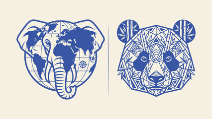 Vector illustration set of stylized elephant head with world map globe and geometric panda head with bamboo pattern © Sahabat
