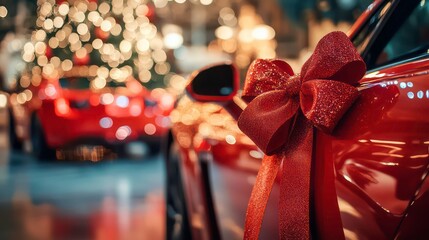 A car in the interior, decorated with a large red bow, symbolizing a gift. The background is slightly blurry, but you can make out a second red car and a festive Christmas tree.