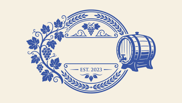 Vintage wine label vector template with wooden barrel grapevine and circular frame for winery branding
