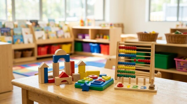 Kindergarten Classroom with Colorful Toys and Learning Materials