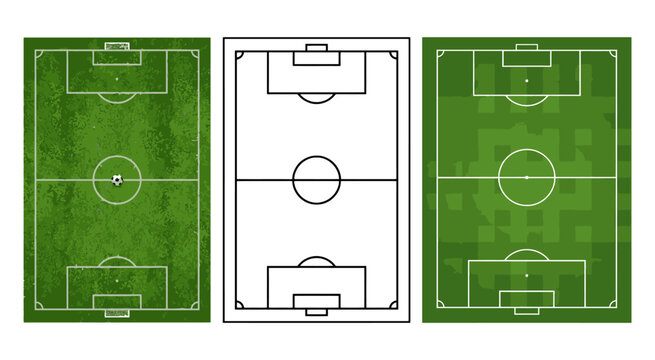 Football pitch diagrams showing field markings and goal areas in varied styles