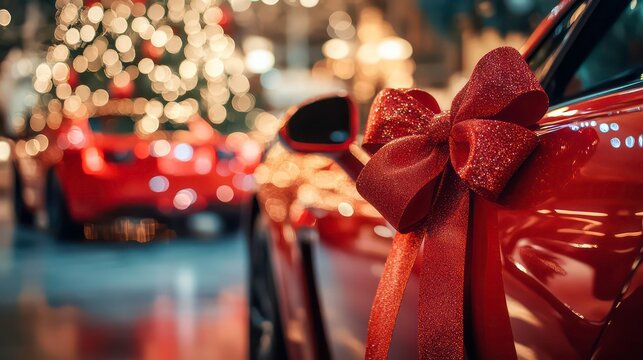 A car in the interior, decorated with a large red bow, symbolizing a gift. The background is slightly blurry, but you can make out a second red car and a festive Christmas tree.