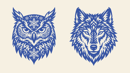 Obraz premium Stylized owl and wolf head vector illustrations with winter snowflake patterns for logo and t-shirt design