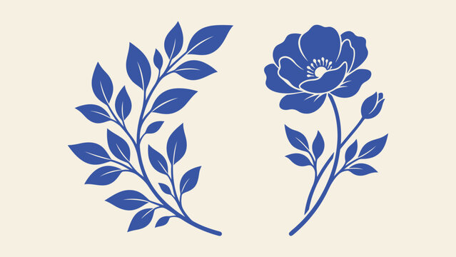 Minimalist blue flower and leafy branch vector illustrations in linocut style for botanical design and branding
